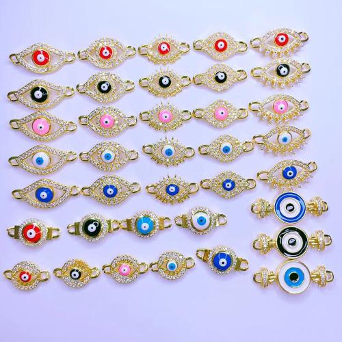 Connecteur Evil Eye, laiton, Placage, DIY & motif de mauvais œil & styles différents pour le choix & pavé de micro zircon & émail & boucle de 1/1, plus de couleurs à choisir, protéger l'environnement, sans nickel, plomb et cadmium, 25PC/sac, Vendu par sac