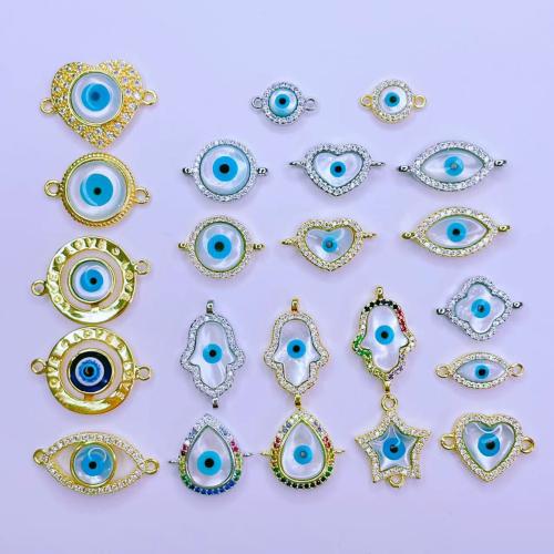 Connecteur Evil Eye, laiton, avec coquille, Placage, DIY & motif de mauvais œil & styles différents pour le choix & pavé de micro zircon & émail & boucle de 1/1, plus de couleurs à choisir, protéger l'environnement, sans nickel, plomb et cadmium, 10PC/sac, Vendu par sac