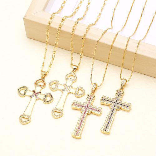 Cubic Zircon Micro Pave Brass Necklace, Cross, gold color plated, fashion jewelry & different designs for choice & micro pave cubic zirconia, more colors for choice, nickel, lead & cadmium free, Sold By PC