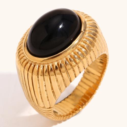 Anillo de dedo de acero inoxidable, acero inoxidable 304, con Ágata negra, 18K chapado en oro, Joyería & diverso tamaño para la opción & para mujer, Vendido por UD