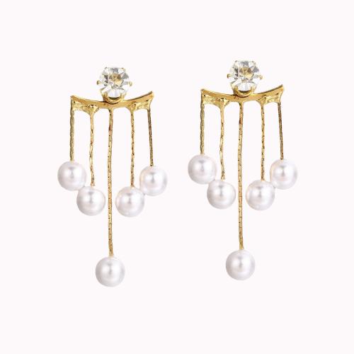 Tibetan Style Stud Earring, with Plastic Pearl, plated, fashion jewelry & micro pave cubic zirconia & for woman, golden, Sold By Pair