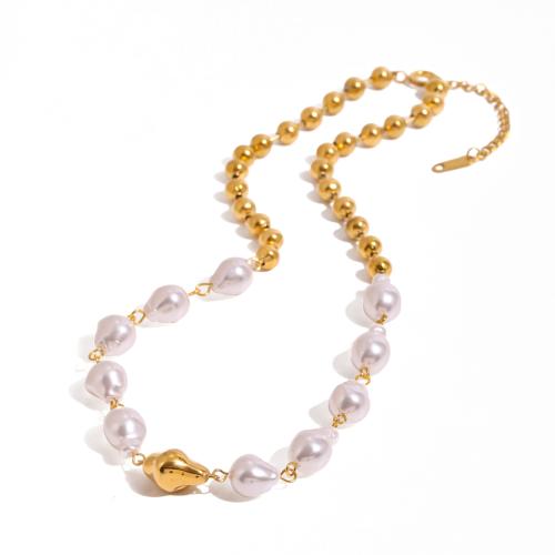 Stainless Steel Jewelry Necklace, 304 Stainless Steel, with Glass Pearl, with 1.96 Inch extender chain, plated, fashion jewelry & for woman, golden, Length:17.32 Inch, Sold By PC