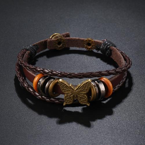 PU Leather Cord Bracelets, Tibetan Style, with PU Leather & Wax Cord & Wood & Copper Coated Plastic, handmade, three layers & fashion jewelry & for man, more colors for choice, Sold By PC