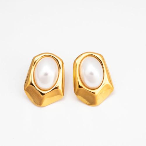 Stainless Steel Stud Earrings, 304 Stainless Steel, with Plastic Pearl, Vacuum Ion Plating, fashion jewelry & for woman, golden, 24x16mm, Sold By Pair