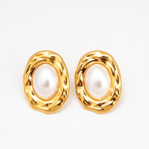 Stainless Steel Stud Earrings, 304 Stainless Steel, with Plastic Pearl, Vacuum Ion Plating, fashion jewelry & for woman, gold, 28x20mm, Sold By Pair