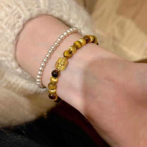 Cubic Zirconia Micro Pave Brass Bracelet, with Tiger Eye, with 3CM extender chain, plated, micro pave cubic zirconia & for woman, gold, Length:Approx 16 cm, Sold By PC