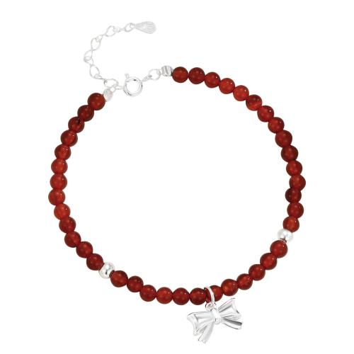 925 Sterling Silver Bangle Bracelet, with Red Agate, with 3CM extender chain, Bowknot, for woman, red, Length:Approx 16 cm, Sold By PC