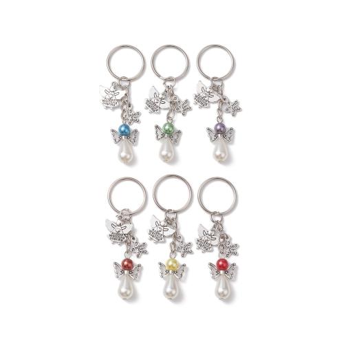 Tibetan Style Key Clasp, with Plastic Pearl, random style & portable & multifunctional, mixed colors, 78mm, 12PCs/Bag, Sold By Bag