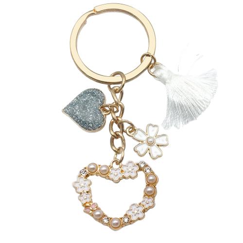 Tibetan Style Key Clasp, with Plastic Pearl, portable & multifunctional & enamel, golden, Sold By PC