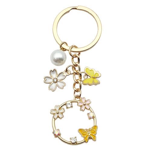 Tibetan Style Key Clasp, with Plastic Pearl, portable & multifunctional & enamel & with rhinestone, golden, Sold By PC