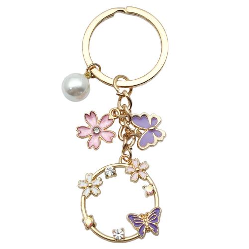 Tibetan Style Key Clasp, with Plastic Pearl, portable & multifunctional & enamel & with rhinestone, golden, Sold By PC