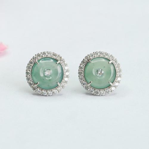 Jadeite Stud Earring, with 925 Sterling Silver, Round, folk style & for woman & with rhinestone, 10mm, Sold By Pair