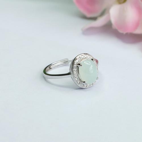 Jadeite Cuff Finger Ring, with 925 Sterling Silver, Oval, folk style & for woman & with rhinestone, US Ring Size:6-8, Sold By PC