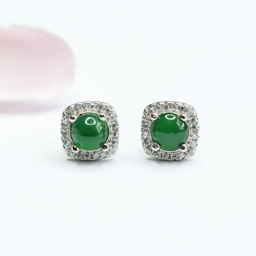 Jadeite Stud Earring, with 925 Sterling Silver, folk style & for woman & with rhinestone, 7.50x7.50mm, Sold By Pair