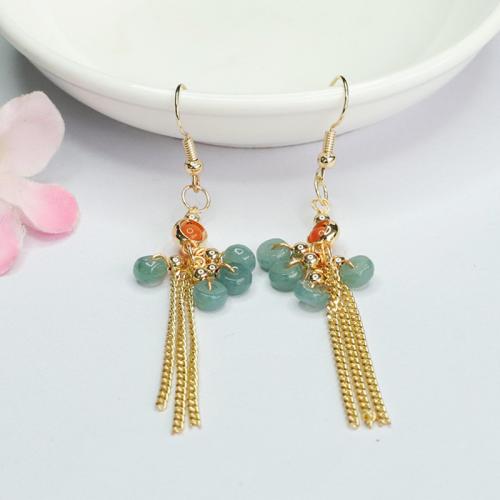 Jadeite Tassel Earring, with Tibetan Style, gold color plated, folk style & for woman, jadeite length 5mm, earring length 30-40mm, Sold By Pair