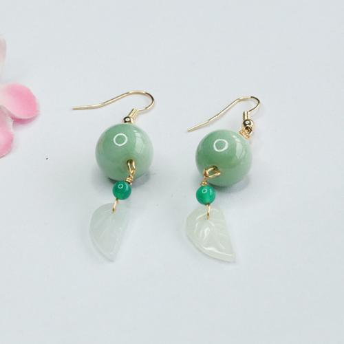 Jadeite Drop Earring, with Tibetan Style, Leaf, folk style & for woman, Grade A, jadeite length 12-13mm, earring length 30-40mm, Sold By Pair