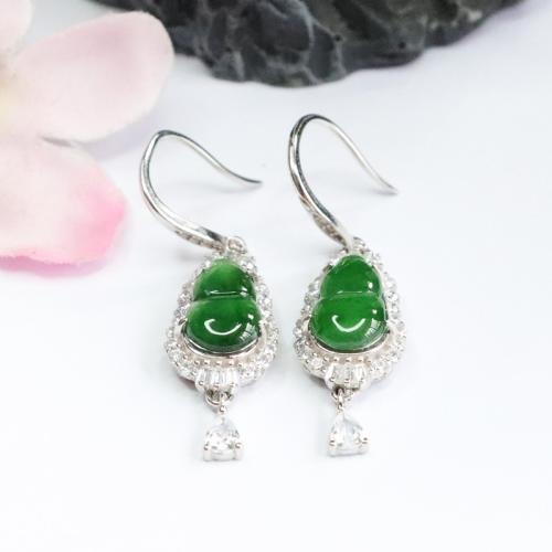 Jadeite Drop Earring, with 925 Sterling Silver, Calabash, folk style & for woman & with rhinestone, jadeite size 19x10x6mm, Sold By Pair