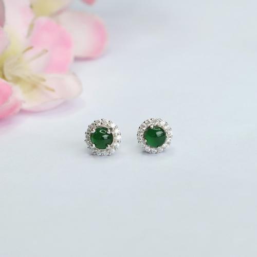 Jadeite Stud Earring, with 925 Sterling Silver, folk style & for woman & with rhinestone, 4mm, Sold By Pair