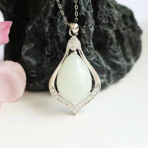 Gemstone Pendants Jewelry, Jadeite, with 925 Sterling Silver, Teardrop, folk style & different styles for choice & with rhinestone, 13x25mm, Sold By PC