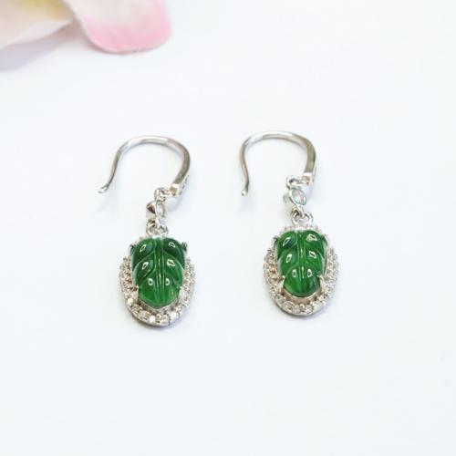 Jadeite Drop Earring, with 925 Sterling Silver, Leaf, folk style & for woman & with rhinestone, jadeite length 6-11mm, earring length 15-25mm, Sold By Pair