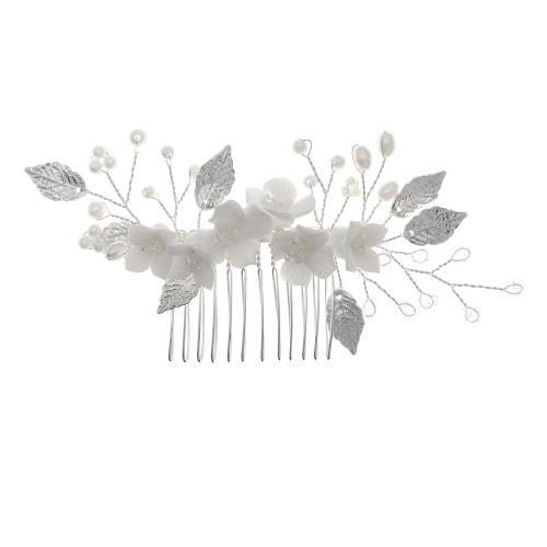 Decorative Hair Combs, Tibetan Style, with brass wire & Polymer Clay & Plastic Pearl, for bridal & different styles for choice & with rhinestone, silver color, Sold By PC