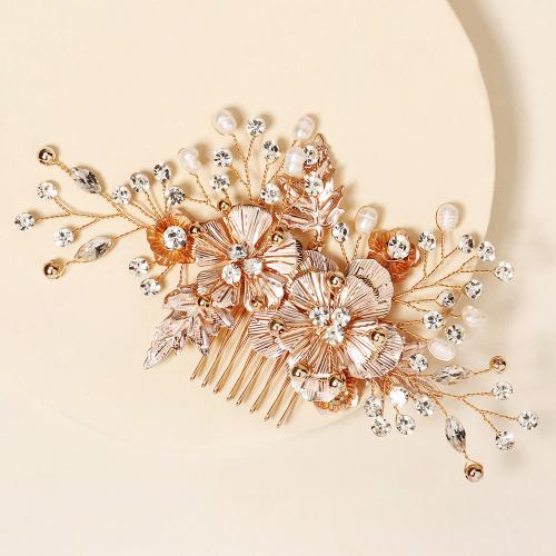 Decorative Hair Combs, Tibetan Style, with brass wire & Plastic Pearl, for bridal & with rhinestone, golden, 100x160mm, Sold By PC