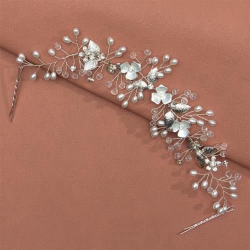 Headband, Iron, with brass wire & Crystal & Plastic Pearl, for bridal, silver color, Sold By PC