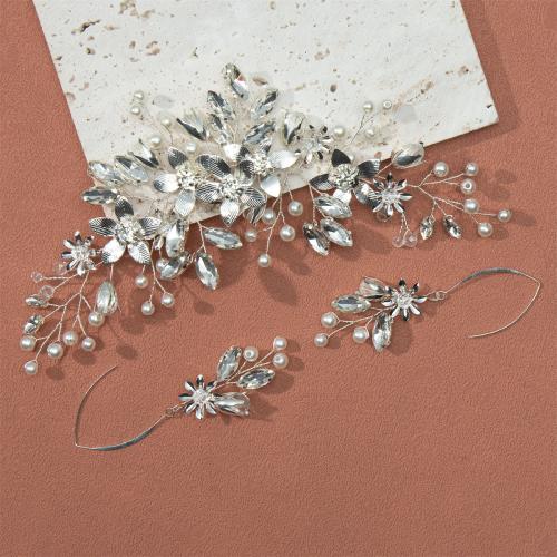 Accessoires pour cheveux mixtes, peigne à cheveux & boucle d'oreille, perle de plastique, avec fil en laiton & alliage de zinc, 2 pièces & pour mariée & avec strass, argent, Vendu par fixé