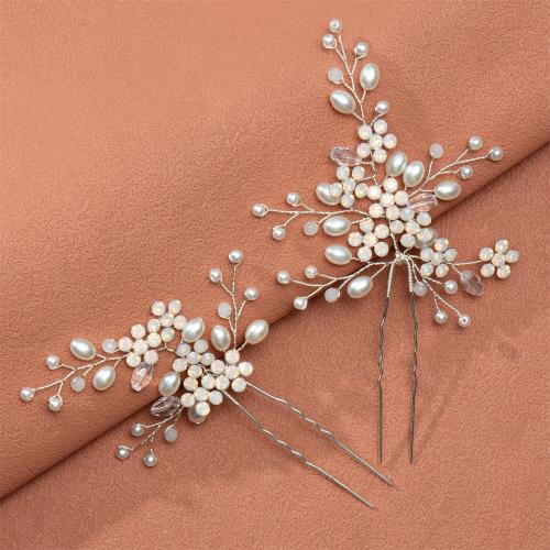 Hair Stick, Tibetan Style, with brass wire & Plastic Pearl, 2 pieces & for bridal & with rhinestone, silver color, Sold By Set