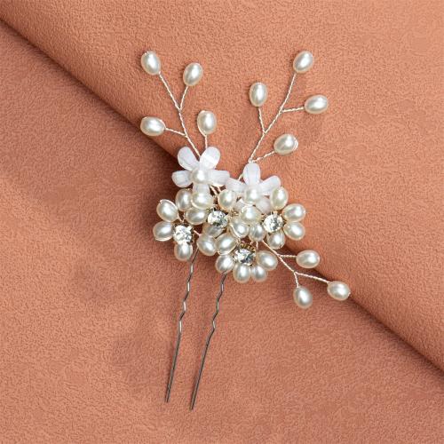 Hair Stick, Iron, with brass wire & Plastic Pearl, for bridal & with rhinestone, silver color, 100x63mm, Sold By PC