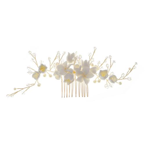 Decorative Hair Combs, Iron, with brass wire & Polymer Clay & Crystal & Plastic Pearl, for bridal, golden, 70x180mm, Sold By PC