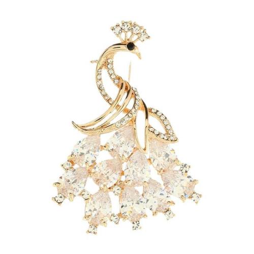 Tibetan Style Brooches, with Cubic Zirconia, Peacock, for woman & with rhinestone, golden, 57x40mm, Sold By PC