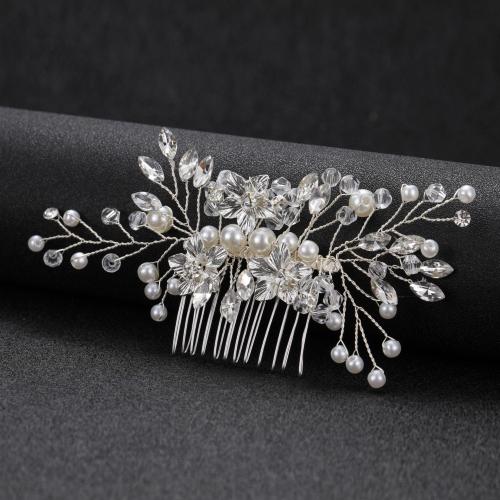 Decorative Hair Combs, Tibetan Style, with Crystal & Plastic Pearl, fashion jewelry & for woman, silver color, 60x140mm, Sold By PC