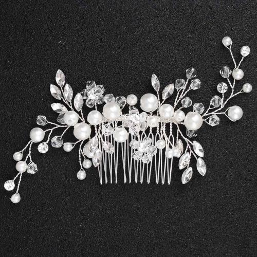 Decorative Hair Combs, Plastic Pearl, with brass wire & Crystal & Rhinestone, fashion jewelry & for woman, more colors for choice, 60x130mm, Sold By PC