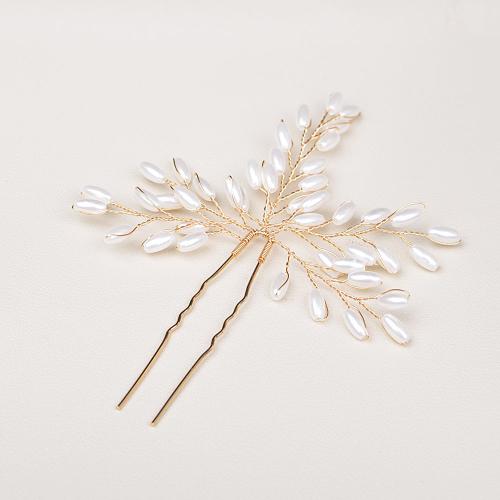 Hair Stick, Plastic Pearl, with brass wire, fashion jewelry & for woman, golden, 125x80mm, Sold By PC