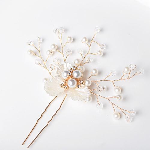 Hair Stick, ABS Plastic Pearl, with brass wire & Rhinestone, fashion jewelry & for woman, golden, 110x80mm, Sold By PC