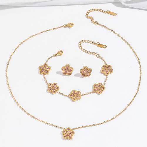 Rhinestone Edelstahl Schmuck Set, 304 Edelstahl, Blume, verschiedene Stile für Wahl & für Frau & mit Strass, goldfarben, verkauft von PC