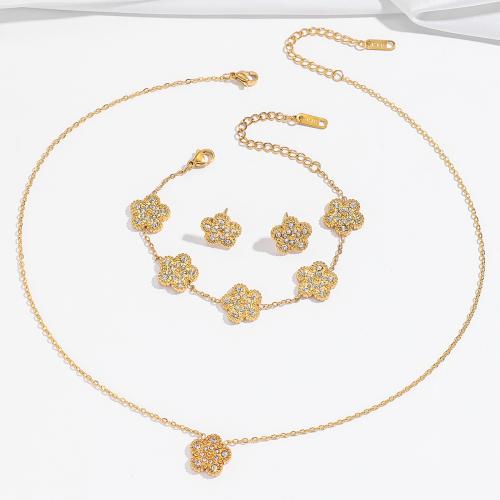 Ensemble bijoux strass en acier inoxydable, Acier inoxydable 304, fleur, styles différents pour le choix & pour femme & avec strass, doré, Vendu par PC