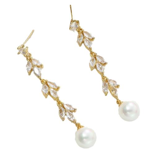 Cubic Zirconia Micro Pave Brass Earring, with Shell Pearl, fashion jewelry & micro pave cubic zirconia & for woman, 50x10mm, Sold By PC