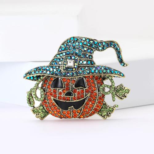 Tibetan Style Brooches, Pumpkin, gold color plated, for woman & with rhinestone, mixed colors, nickel, lead & cadmium free, Sold By PC