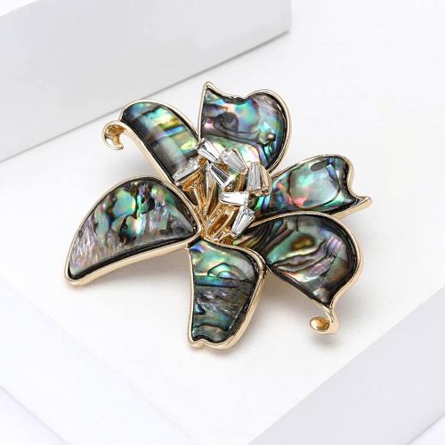 Tibetan Style Brooches, with Abalone Shell, Lily, gold color plated, for woman & with rhinestone, mixed colors, nickel, lead & cadmium free, Sold By PC