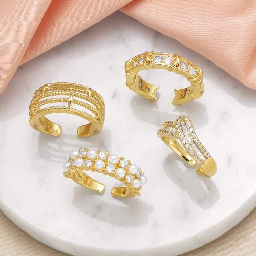 Cubic Zirconia Micro Pave Brass Ring, with Plastic Pearl, gold color plated, fashion jewelry & different designs for choice & micro pave cubic zirconia, golden, nickel, lead & cadmium free, Sold By PC