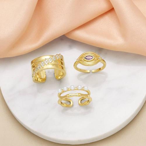 Cubic Zirconia Micro Pave Brass Ring, with Plastic Pearl, gold color plated, fashion jewelry & different designs for choice & micro pave cubic zirconia, golden, nickel, lead & cadmium free, Sold By PC