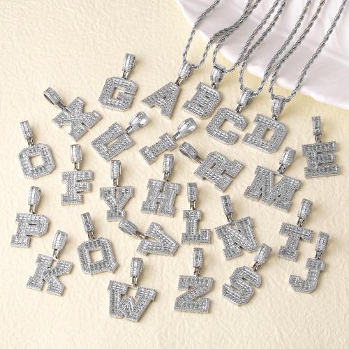 KubikZircon Mikro pflastern Messinghalsketten, Messing, mit Verlängerungskettchen von 5cm, Alphabet-Buchstabe, silberfarben plattiert, Modeschmuck & verschiedene Muster für Wahl & Micro pave Zirkonia, Silberfarbe, frei von Nickel, Blei & Kadmium, Länge:40 cm, verkauft von PC