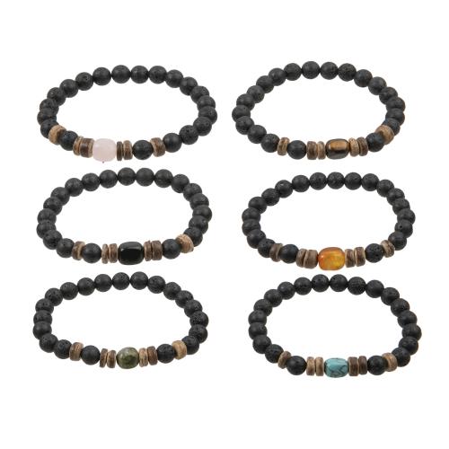 Gemstone Bracelets, Natural Stone, with Elastic Thread & Wood, handmade, 6 pieces & fashion jewelry & Unisex, mixed colors, 5PCs/Set, Sold By Set