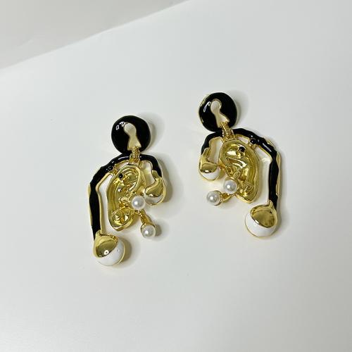 Tibetan Style Stud Earring, with Plastic Pearl, plated, for woman & enamel & hollow, 73x35mm, Sold By Pair