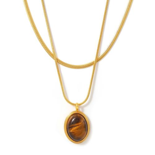 Stainless Steel Jewelry Necklace, 304 Stainless Steel, with Tiger Eye, with 5cm extender chain, plated, fashion jewelry & different materials for choice & for woman, more colors for choice, Length:Approx 53 cm, Sold By PC