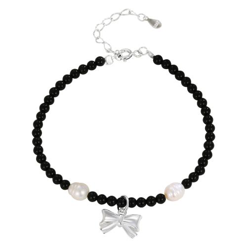 925 Sterling Silver Bangle Bracelet, with Black Agate & Plastic Pearl, with 3CM extender chain, Bowknot, for woman, black, Length:Approx 16 cm, Sold By PC