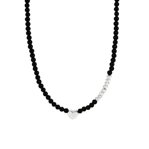 Colliers en argent sterling, argent sterling 925, avec agate noire, avec 5CM chaînes de rallonge, coeur, pour femme, noire, Longueur:Environ 35 cm, Vendu par PC