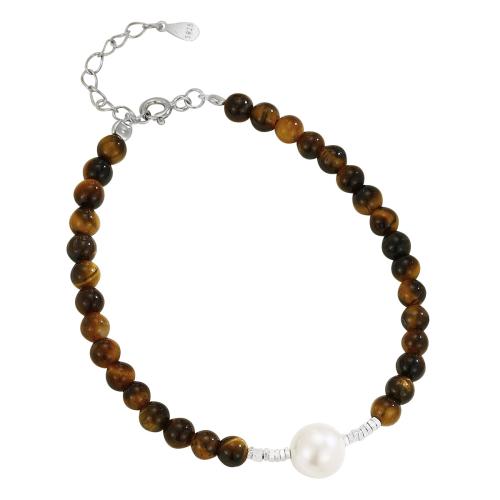 925 Sterling Silver Bangle Bracelet, with Tiger Eye & Plastic Pearl, with 3CM extender chain, for woman, silver color, Length:Approx 16 cm, Sold By PC